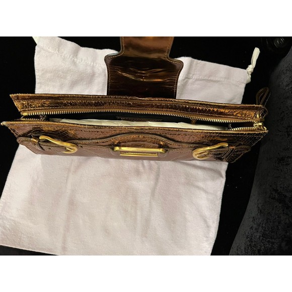 Jimmy Choo Tulita Clutch Bronze Brown Wristlet Gold Buckle Hardware Zip Closure - Picture 11 of 16